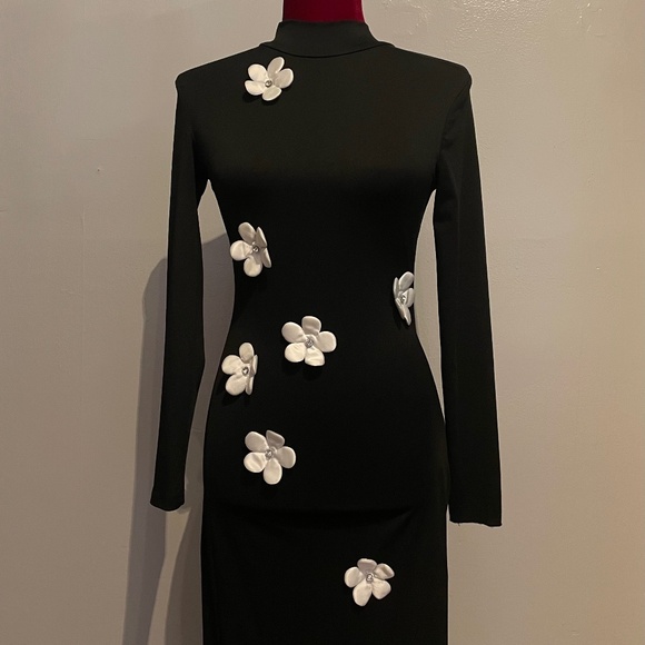 SHEIN White Floral Decor Black Stand Collar Long Sleeve Maxi Dress Size XXS - Picture 6 of 16